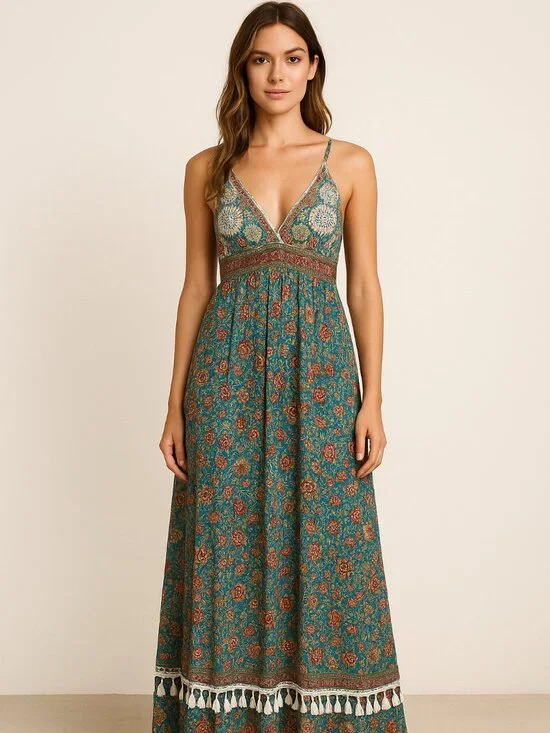Boho Floral Maxi Dress – Made in India – Art Silk Blend – Size M/L (Adjustable F - Picture 5 of 5